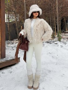 SHEIN EZwear 女款素色長袖秋冬人造毛大衣 - 灰色 - 查看 5