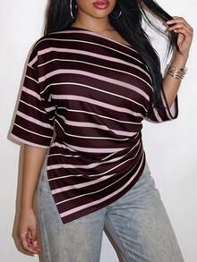 Slaydiva Women's Colorblock Striped Y2K Style Asymmetric Cold Shoulder Plus Size T-Shirt, Music Festival - Multicolor - View 3
