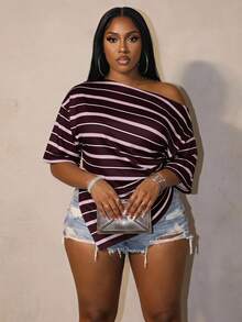 Slaydiva Women's Colorblock Striped Y2K Style Asymmetric Cold Shoulder Plus Size T-Shirt, Music Festival - Multicolor - View 1