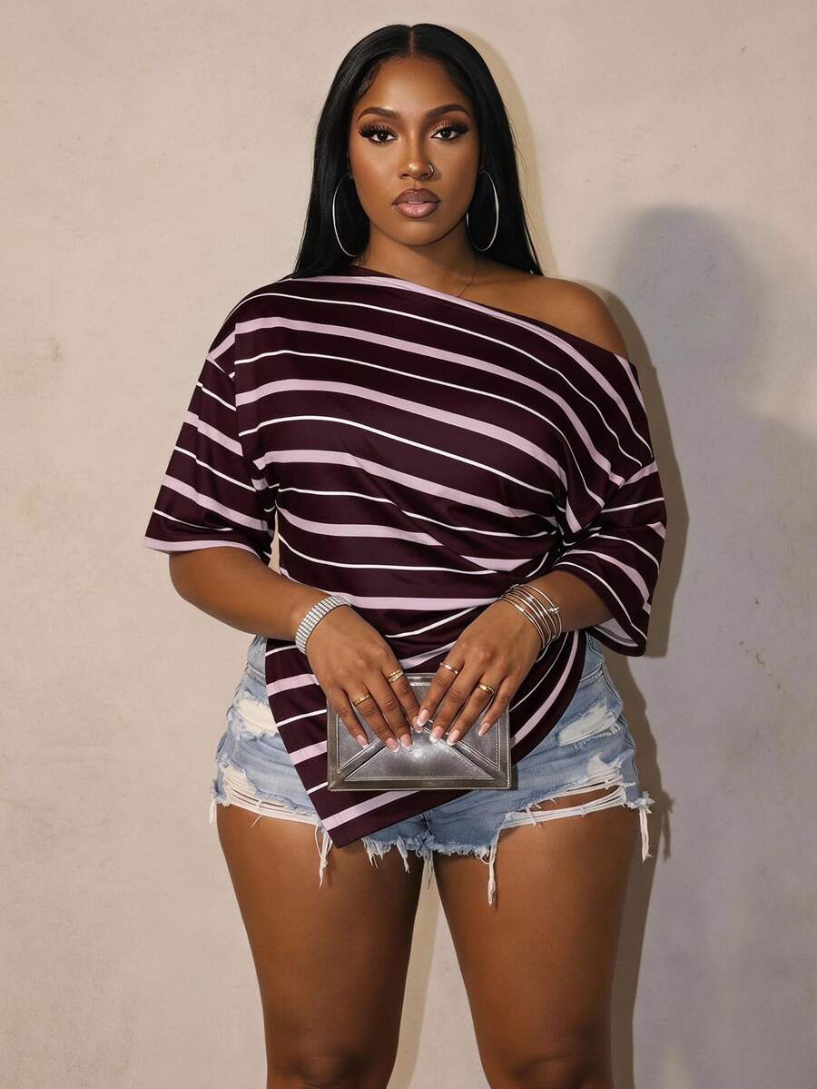 Slaydiva Women's Colorblock Striped Y2K Style Asymmetric Cold Shoulder Plus Size T-Shirt, Music Festival - Multicolor - View 1