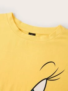 Slaydiva LOONEY TUNES X SHEIN Plus Size Women's Cartoon Print Casual Fitted Cropped T-Shirt - Yellow - View 5