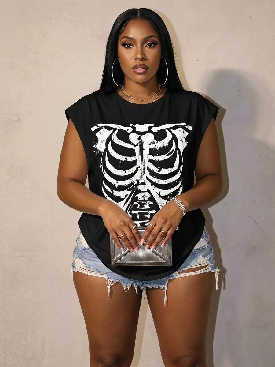 Slaydiva Halloween Skeleton Graphic Plus Size Black T-Shirt, Suitable For Summer, Y2K Outfit, Perfect For Daily Commute, Date, Party, Autumn/Winter/Spring/Summer - Multicolor - View 1