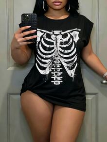 Slaydiva Halloween Skeleton Graphic Plus Size Black T-Shirt, Suitable For Summer, Y2K Outfit, Perfect For Daily Commute, Date, Party, Autumn/Winter/Spring/Summer - Multicolor - View 5