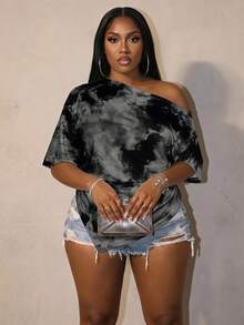 Slaydiva 大尺碼女款紮染不對稱肩抓皺休閒日常短袖T恤 - 彩色 - 查看 1