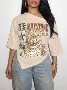 Slaydiva Plus Size Sexy Tiger Print Asymmetrical Hem T-Shirt - Multicolor - View 3