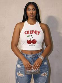 Slaydiva Plus Size Women Casual Cherry Letter Print Tank Top, Suitable For Summer - White - View 2