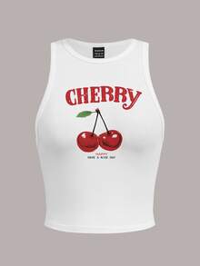 Slaydiva Plus Size Women Casual Cherry Letter Print Tank Top, Suitable For Summer - White - View 3