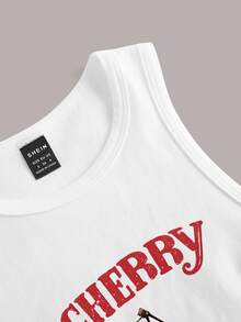 Slaydiva Plus Size Women Casual Cherry Letter Print Tank Top, Suitable For Summer - White - View 5