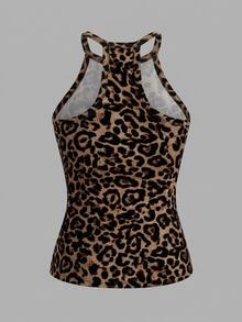 Slaydiva Plus Size Summer Fashion Leopard Print Halter Top Going Out Night Brown Sexy - Multicolor - View 2