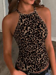 Slaydiva Plus Size Summer Fashion Leopard Print Halter Top Going Out Night Brown Sexy - Multicolor - View 3