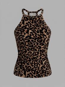 Slaydiva Plus Size Summer Fashion Leopard Print Halter Top Going Out Night Brown Sexy - Multicolor - View 8