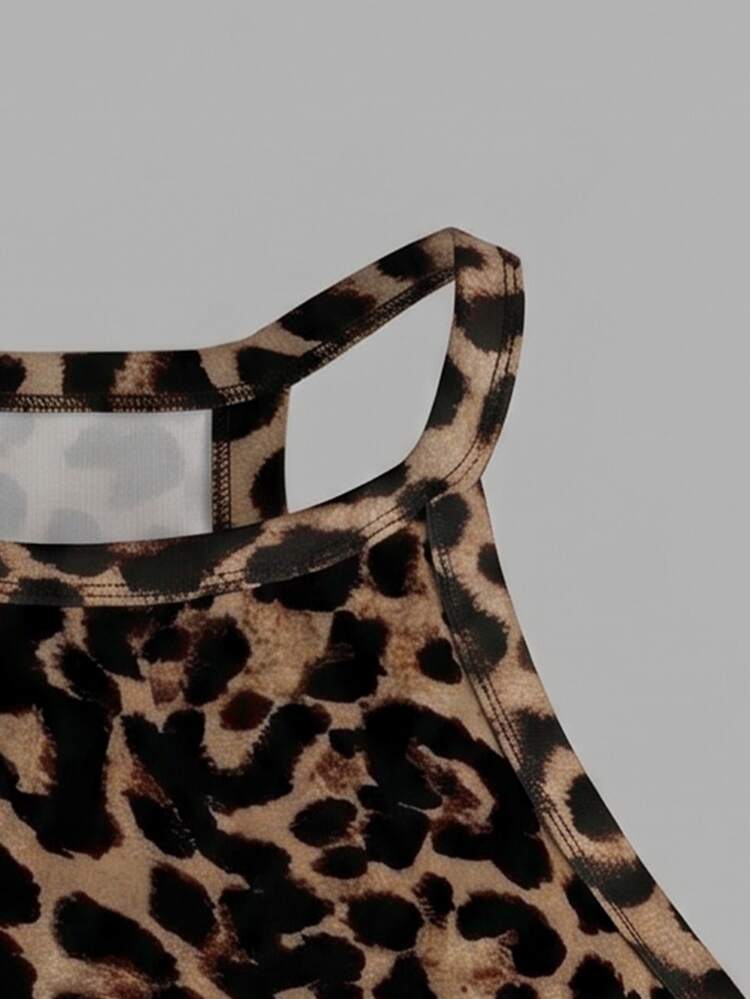 Slaydiva Plus Size Summer Fashion Leopard Print Halter Top Going Out Night Brown Sexy - Multicolor - View 4