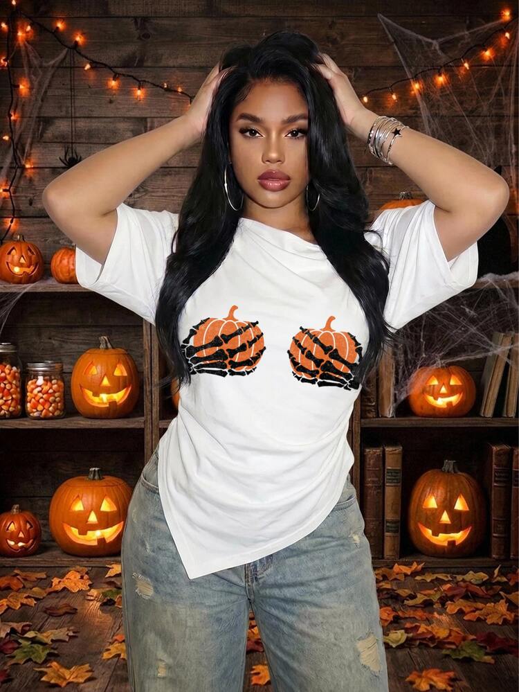 Slaydiva Plus Size Women's Halloween Summer Fashion Casual Evening Top With Skull And Pumpkin Pattern, Asymmetric Off-Shoulder, 3/4 Sleeve, Ruched Waist And Split Hem Design, Elegant For Beach, Cruise And Travel Wear - Multicolor - View 5