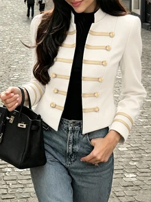 Franclia 女款白色金邊對比飾邊梭織織帶長袖西裝外套，夏季/辦公室優雅風 - 米色 - 查看 4
