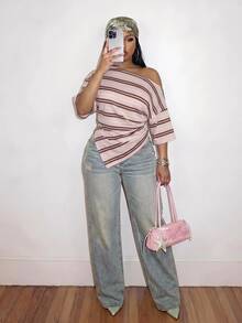 Slaydiva Plus Size Women's Striped Colorblock Asymmetric Shoulder Casual Everyday T-Shirt - Multicolor - View 4