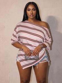 Slaydiva Plus Size Women's Striped Colorblock Asymmetric Shoulder Casual Everyday T-Shirt - Multicolor - View 1