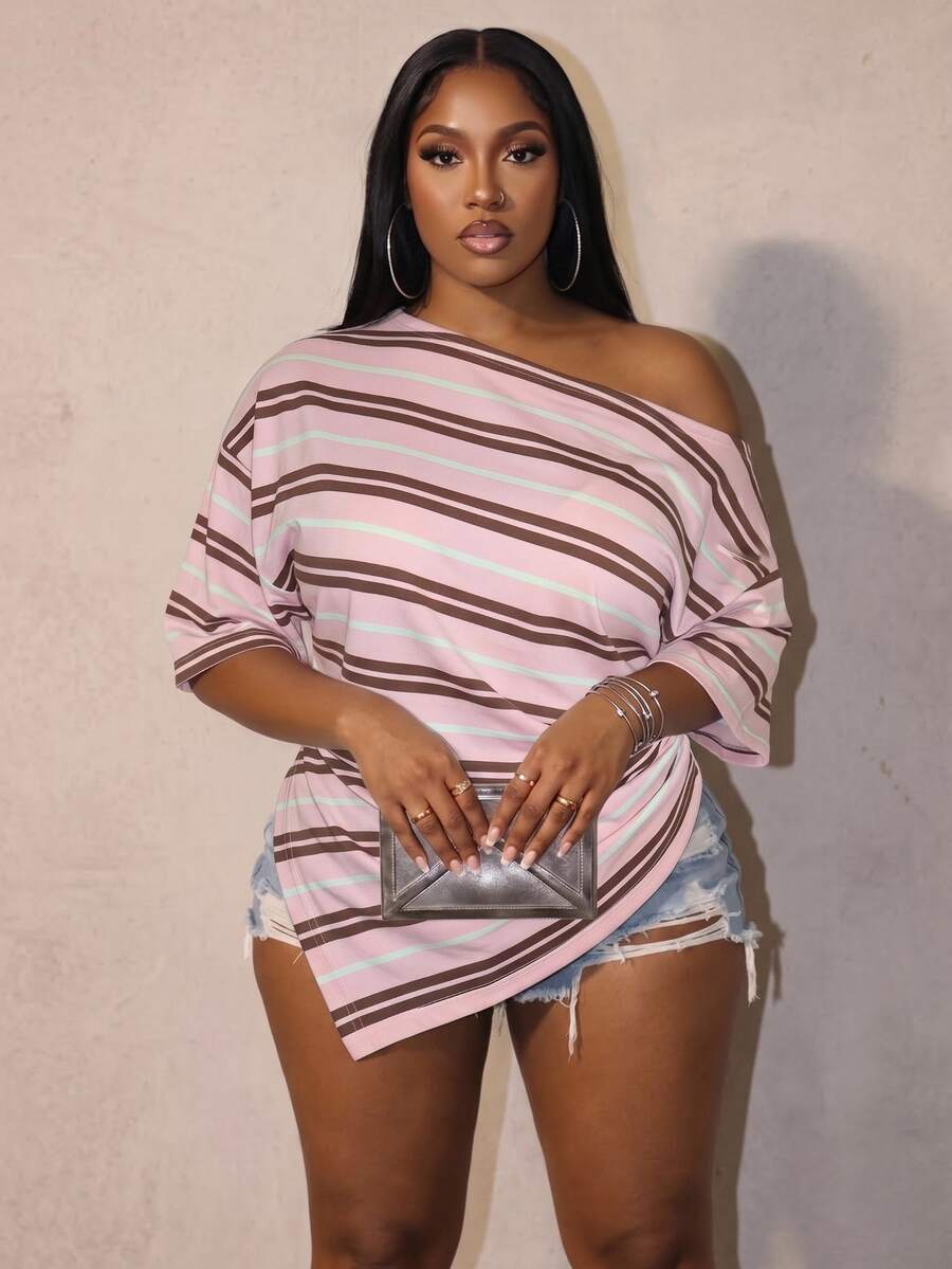 Slaydiva Plus Size Women's Striped Colorblock Asymmetric Shoulder Casual Everyday T-Shirt - Multicolor - View 1