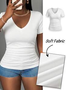 Slaydiva Versatile Casual Daily Cotton Fabric Simple Plus Size V-Neck T-Shirt - White - View 9
