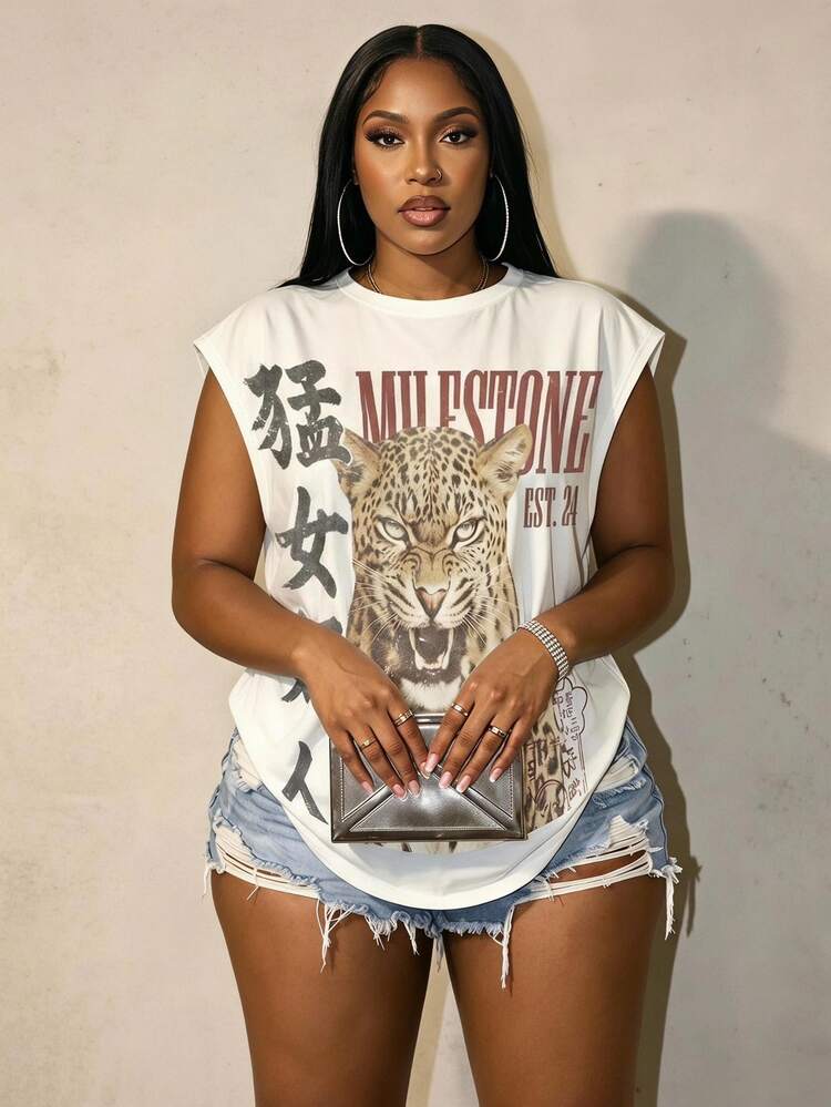 Slaydiva Vintage Loose Fit T-Shirt, Tiger Print, Y2K Style, Suitable For Daily Commute, Dating, Party, Autumn/Winter/Spring/Summer - Multicolor - View 1