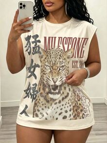 Slaydiva Plus Size Women's Letter & Animal Print Cap Sleeve T-Shirt, Suitable For Summer - Apricot - View 4