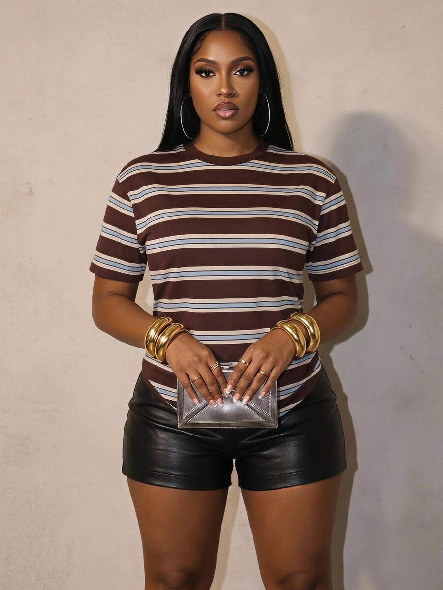 Slaydiva Plus Size Women's Striped Colorblock Casual Versatile Daily Short Sleeve T-Shirt - Multicolor - View 1