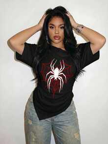 Slaydiva Plus Size Women's Punk Y2K Spider Web Red And Black Pattern Summer Casual Top, Asymmetrical Open Shoulder, 3/4 Sleeve, Ruched Waist Halloween - Multicolor - View 6