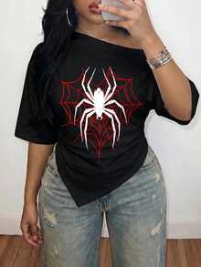 Slaydiva Plus Size Women's Punk Y2K Spider Web Red And Black Pattern Summer Casual Top, Asymmetrical Open Shoulder, 3/4 Sleeve, Ruched Waist Halloween - Multicolor - View 7