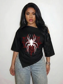 Slaydiva Plus Size Women's Punk Y2K Spider Web Red And Black Pattern Summer Casual Top, Asymmetrical Open Shoulder, 3/4 Sleeve, Ruched Waist Halloween - Multicolor - View 8
