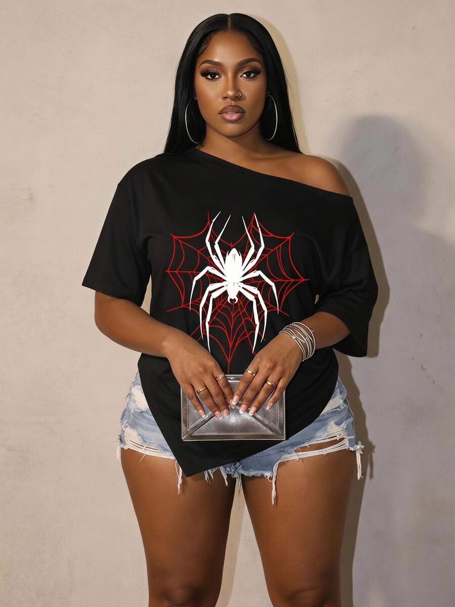Slaydiva Plus Size Women's Punk Y2K Spider Web Red And Black Pattern Summer Casual Top, Asymmetrical Open Shoulder, 3/4 Sleeve, Ruched Waist Halloween