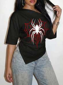 Slaydiva Plus Size Women's Punk Y2K Spider Web Red And Black Pattern Summer Casual Top, Asymmetrical Open Shoulder, 3/4 Sleeve, Ruched Waist Halloween - Multicolor - View 9