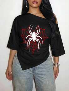 Slaydiva Plus Size Women's Punk Y2K Spider Web Red And Black Pattern Summer Casual Top, Asymmetrical Open Shoulder, 3/4 Sleeve, Ruched Waist Halloween - Multicolor - View 10