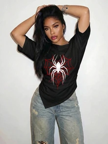 Slaydiva Plus Size Women's Punk Y2K Spider Web Red And Black Pattern Summer Casual Top, Asymmetrical Open Shoulder, 3/4 Sleeve, Ruched Waist Halloween - Multicolor - View 5