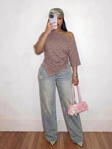 Slaydiva Women's Pink Colorblock Striped Y2K Style Asymmetric Cold Shoulder Plus Size T-Shirt, Music Festival - Multicolor - View 4