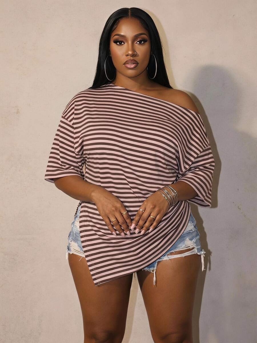 Slaydiva Women's Pink Colorblock Striped Y2K Style Asymmetric Cold Shoulder Plus Size T-Shirt, Music Festival - Multicolor - View 1