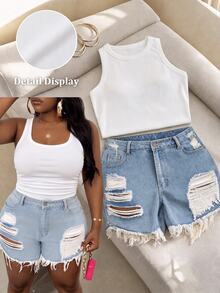 Slaydiva Plus Size Ribbed Tank Top, Casual Basic Fitted White Round Neck Off-Shoulder Vest - White - View 7