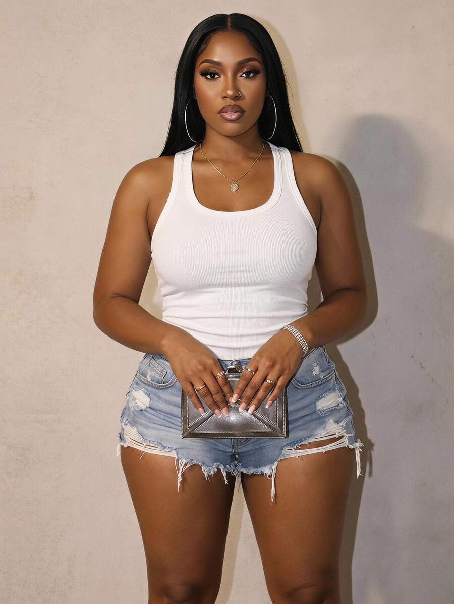 Slaydiva Plus Size Ribbed Tank Top, Casual Basic Fitted White Round Neck Off-Shoulder Vest