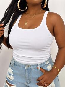 Slaydiva Plus Size Ribbed Tank Top, Casual Basic Fitted White Round Neck Off-Shoulder Vest - White - View 6