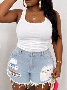 Slaydiva Plus Size Ribbed Tank Top, Casual Basic Fitted White Round Neck Off-Shoulder Vest - White - View 4