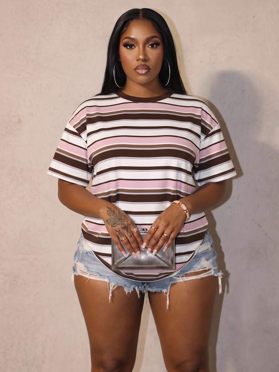 Slaydiva Kaos Lengan Pendek Bergaris Minimalis Kasual untuk Wanita Ukuran Besar, Cocok untuk Musim Panas - MultiWarna - View 1