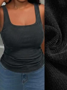 Slaydiva Plus Size Women's Solid Color Square Neck Tank Top With Washed Padded Chest - Black - View 7