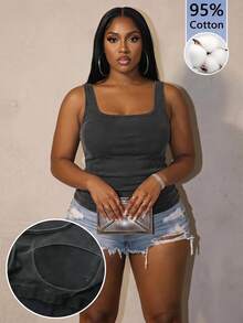 Slaydiva Plus Size Women's Solid Color Square Neck Tank Top With Washed Padded Chest - Black - View 1