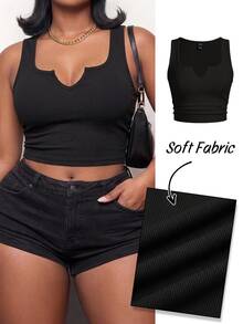 Slaydiva Casual Basic U-Neck Narrow Ribbed Padded Tank Top For Women Plus Size Regular Fit With Padding, Black, Sleeveless, Ribbed Texture - Black - View 8