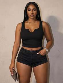 Slaydiva Casual Basic U-Neck Narrow Ribbed Padded Tank Top For Women Plus Size Regular Fit With Padding, Black, Sleeveless, Ribbed Texture - Black - View 2
