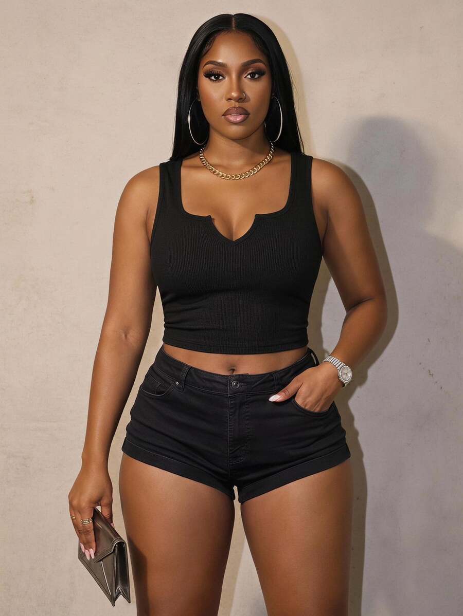 Slaydiva Casual Basic U-Neck Narrow Ribbed Padded Tank Top For Women Plus Size Regular Fit With Padding, Black, Sleeveless, Ribbed Texture