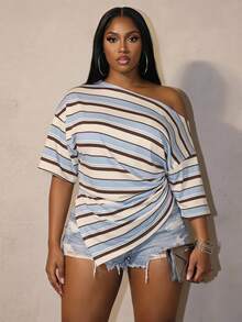 Slaydiva Contrast Stripe Y2K Asymmetric Shoulder Plus Size T-Shirt - Multicolor - View 1