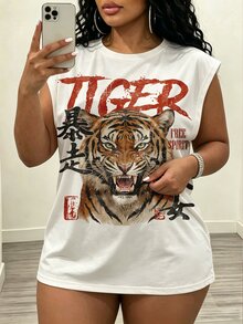 Slaydiva Vintage Loose T-Shirt, Tiger Print, Y2K Style, Suitable For Daily Commute, Dating And Party, All Season Plus Size T-Shirt - Multicolor - View 5