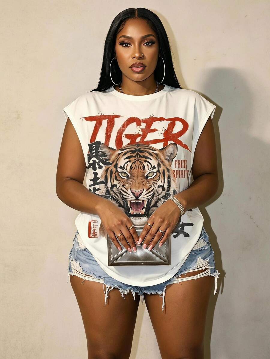 Slaydiva Vintage Loose T-Shirt, Tiger Print, Y2K Style, Suitable For Daily Commute, Dating And Party, All Season Plus Size T-Shirt - Multicolor - View 1