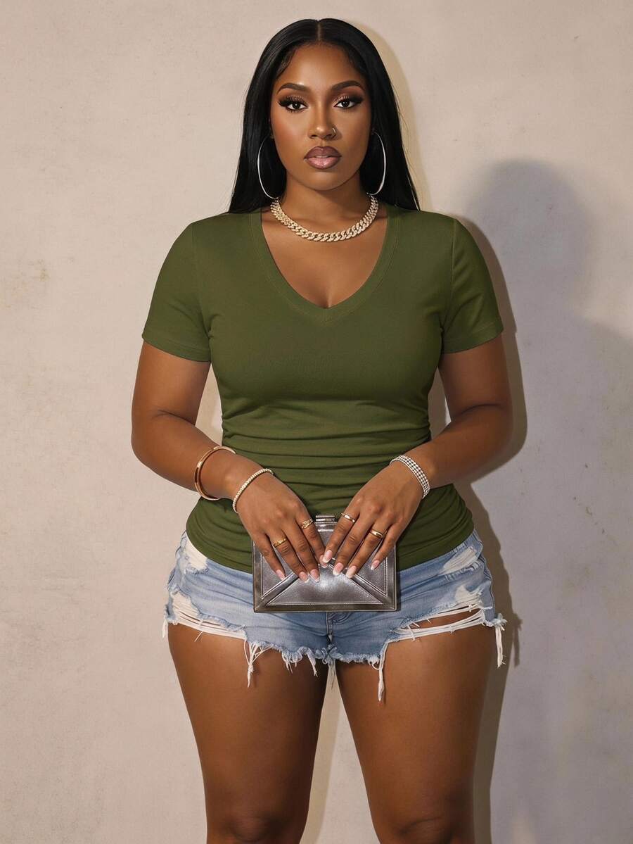 Slaydiva Casual Minimalist Solid Color Military Green Plus Size V-Neck T-Shirt Suitable For Spring And Summer - Army Green - View 1