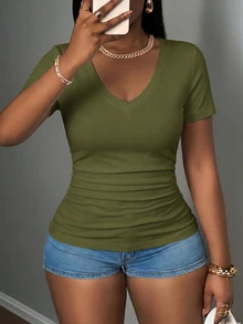 Slaydiva Casual Minimalist Solid Color Military Green Plus Size V-Neck T-Shirt Suitable For Spring And Summer - Army Green - View 6