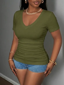 Slaydiva Casual Minimalist Solid Color Military Green Plus Size V-Neck T-Shirt Suitable For Spring And Summer - Army Green - View 3